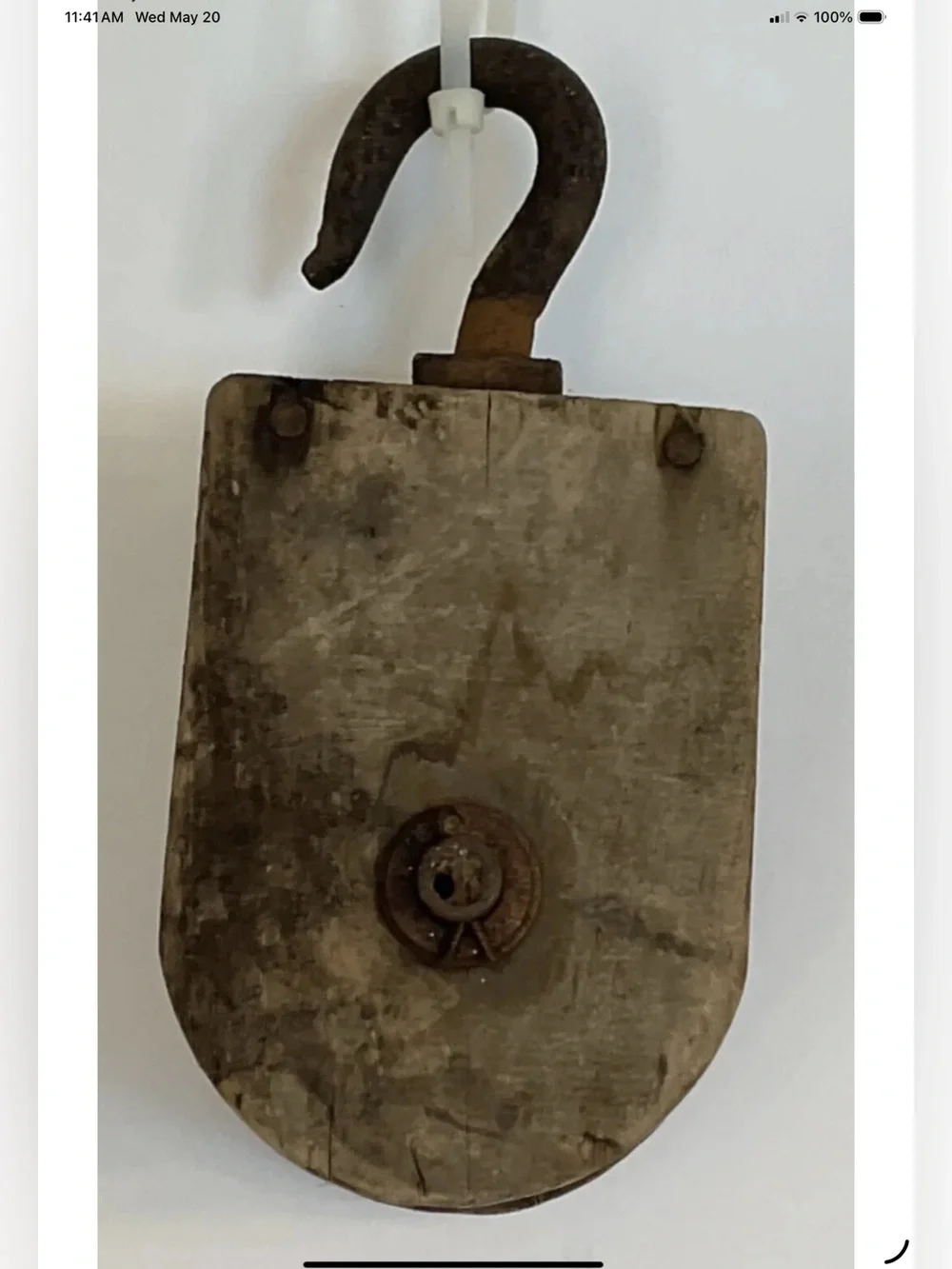 Vintage Wooden Barn Pully Wood Wheel W/ Iron Hook Great Display